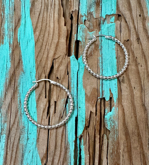 Beaded Hoop Earrings Sterling Silver 1 1/4”