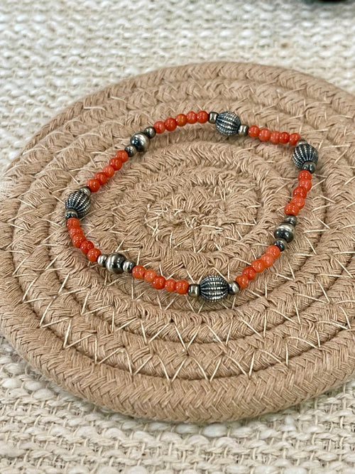 ** 4TH OF JULY ** Handmade Sterling Silver & Coral Beaded Bracelet with Signed Nizhoni