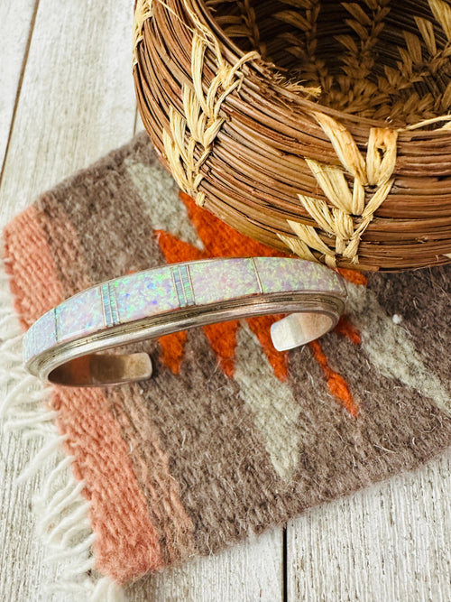 Handcrafted Old Pawn White Opal & Sterling Silver Inlay Cuff Bracelet