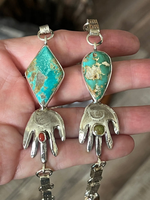 Jay Leon Coriz Handcrafted Sterling Silver and Royston Turquoise Healing Hand Station Necklace