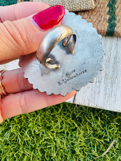 Old Pawn Handcrafted Turquoise & Sterling Silver Cluster Ring Size 7 by B. Yellowhorse