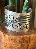 Handcrafted Old Pawn Sterling Silver Water Design Overlay Cuff, Unsigned