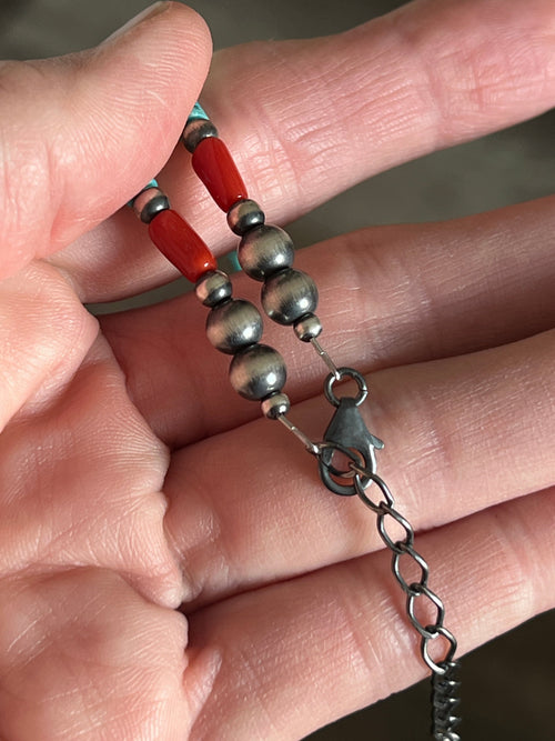 Handcrafted Summer Lovin’ Beaded Layering Necklace with Sterling Silver, Turquoise and Mediterranean Coral, 14” + 2”, The Beach Cruiser