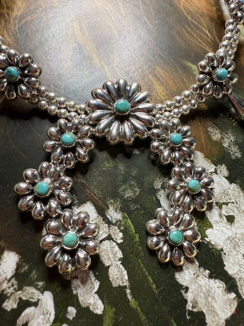 Handmade Sterling Silver & Turquoise Flower Squash Blossom Necklace