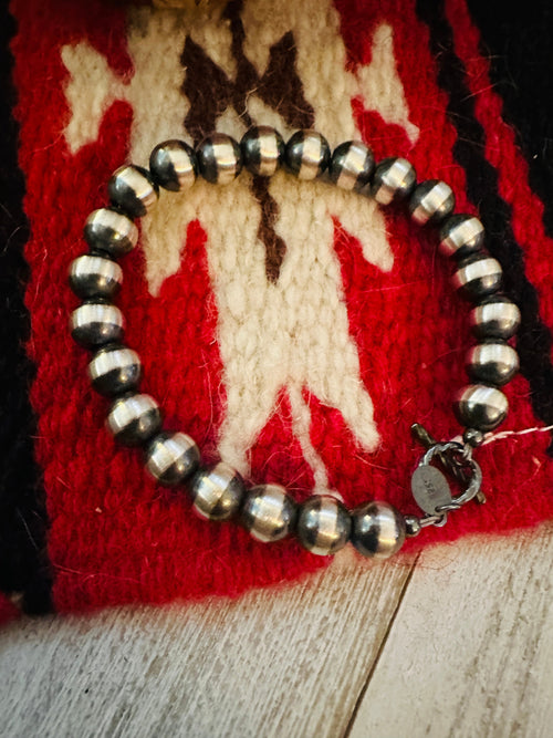 Navajo 6mm Sterling Silver Pearl Beaded Bracelet 7.5”