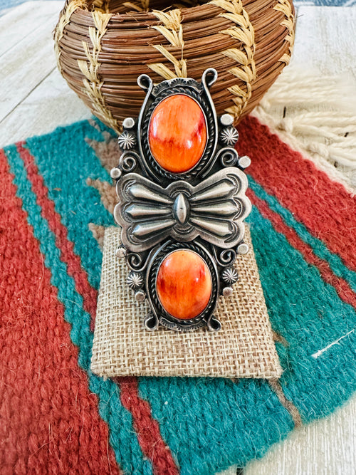Handcrafted Orange Spiny Oyster & Sterling Silver Ring by Rosella Paxson, Size 9