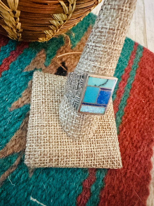 Handcrafted Old Pawn Sterling Silver & Multi Stone Inlay Ring Size 10