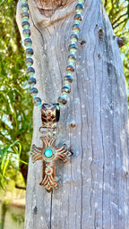 Patina Beaded Necklace with Cross Pendant