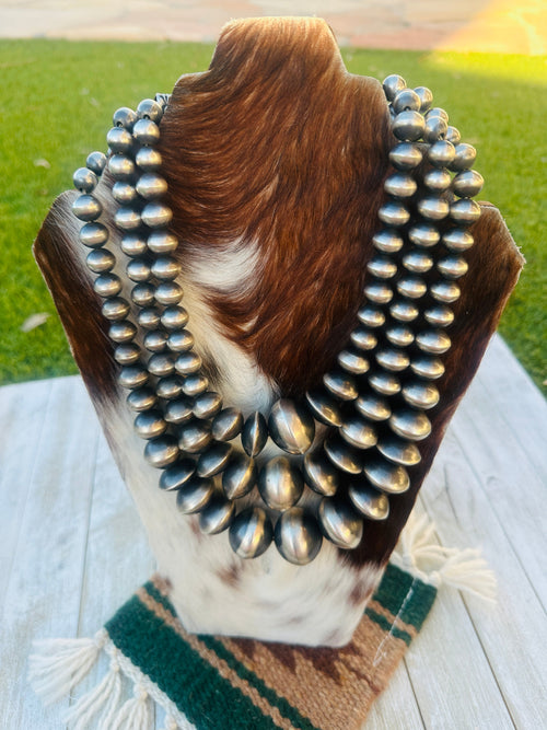 Handcrafted Triple Strand Sterling Silver Pearl Beaded Necklace by Rose Martin