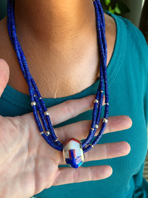 Daniel Coriz Triple Strand Lapis Beaded Necklace w/ Removable Sterling Silver & Stone Inlay Bead