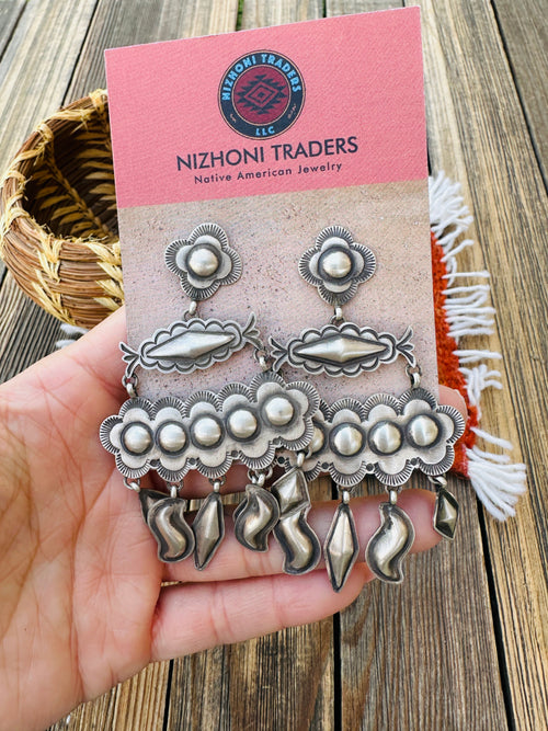 Handcrafted Old Pawn Sterling Silver Concho Dangle Earrings