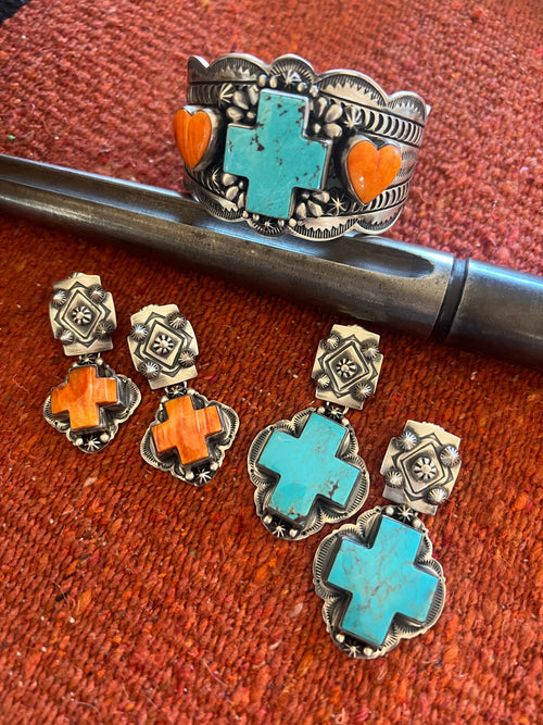 Navajo Sterling Silver and Orange Spiny Oyster Shell Santa Fe Cross Earrings by Murphy Platero