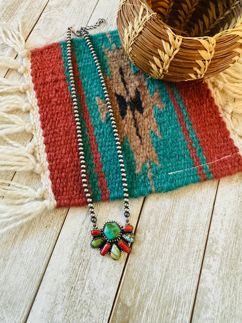 ** Christmas Collection ** Handmade Sterling Silver, Turquoise & Coral Necklace Signed Nizhoni