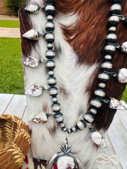 Handcrafted Wild Horse & Sterling Silver Beaded Squash Blossom Necklace by Chimney Butte