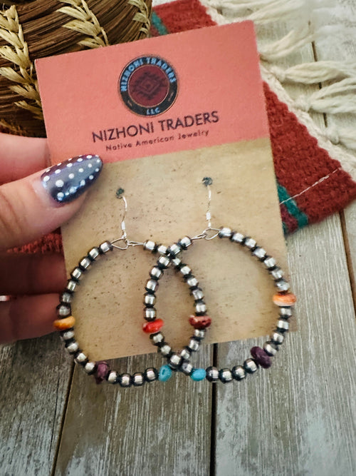 Handcrafted Spiny Oyster, Turquoise & Sterling Silver Beaded Dangle Hoop Earrings