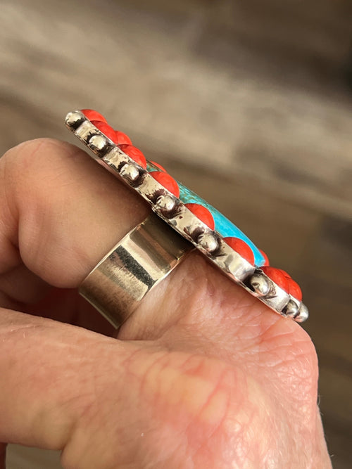 Handcrafted Sterling Silver, Kingman Turquoise and Mediterranean Coral Cluster Ring By Tyler Brown, Adjustable