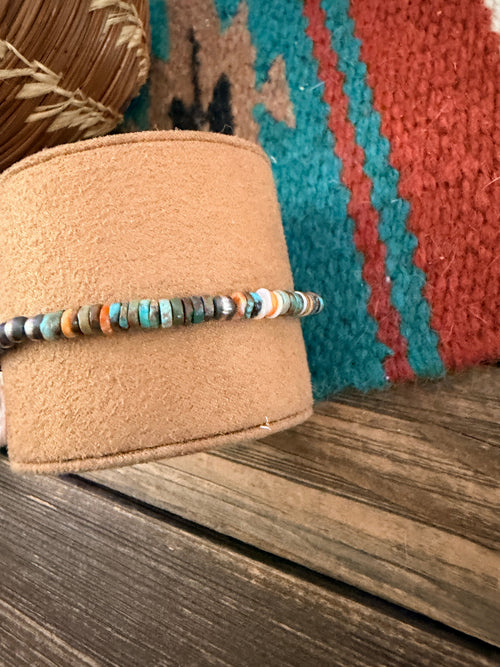 Handcrafted Turquoise, Spiny Oyster & Sterling Silver Pearl Beaded Bracelet
