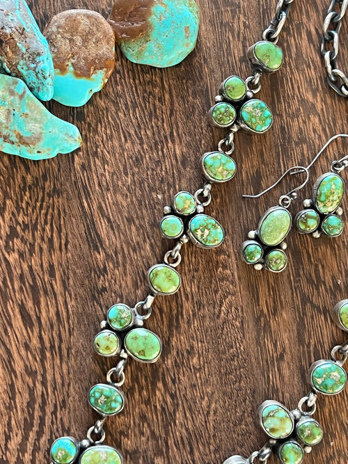 Navajo Sterling Silver and Sonoran Gold Turquoise Electric Rainbow Cluster Necklace with Earrings by Bea Tom