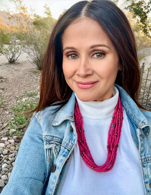 Copper Cross Pendant on Hot Pink Beaded Necklace