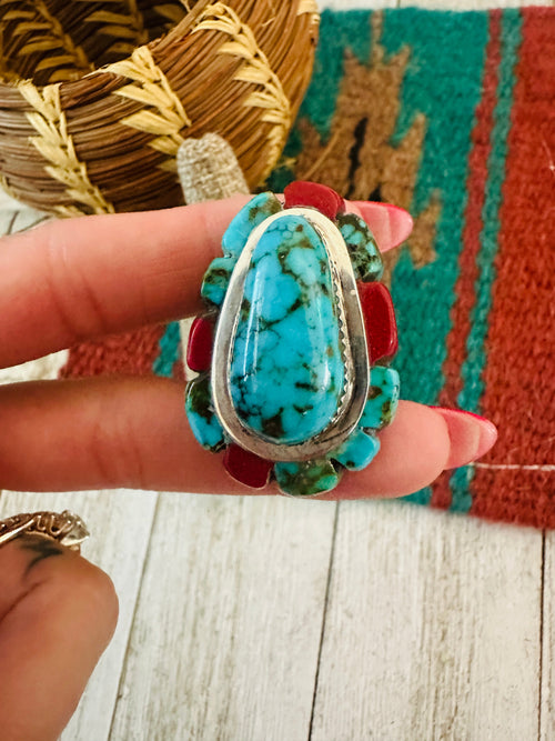 Old Pawn Navajo Sterling Silver, Turquoise & Coral Inlay Ring Size 11