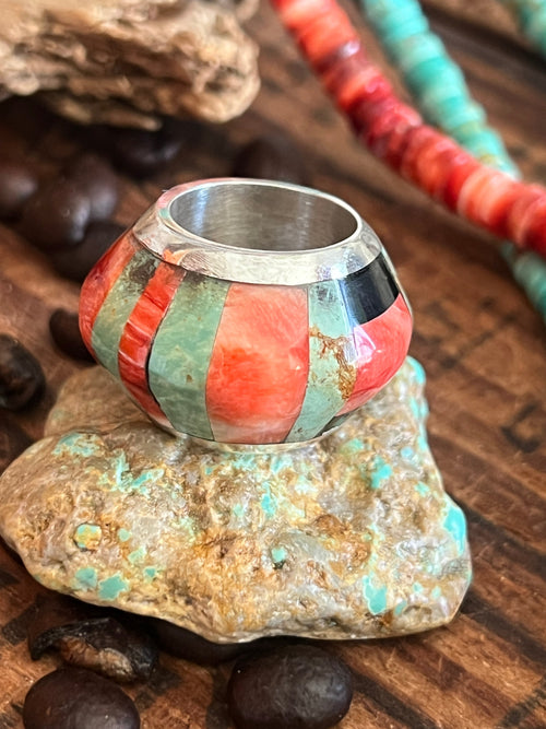 Daniel Coriz Triple Strand Spiny Oyster and Turquoise Beaded Necklace w/ Removable Sterling Silver & Stone Inlay Bead