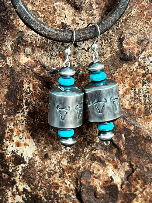 Sterling Silver and Turquoise Handcrafted Barrel Bead Earrings by Preston Haley