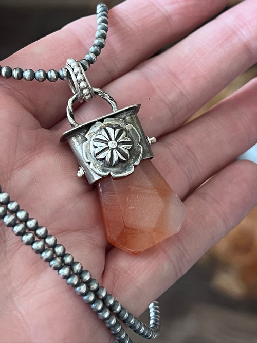 Sterling Silver Gem Collector 30” + 2” Beaded Necklace w/ Red Botswana Agate & Rosette Pendant