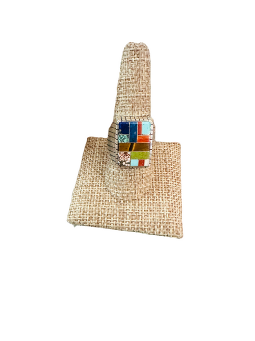 Old Pawn Navajo Sterling Silver & Multi Stone Inlay Ring Size 9.75