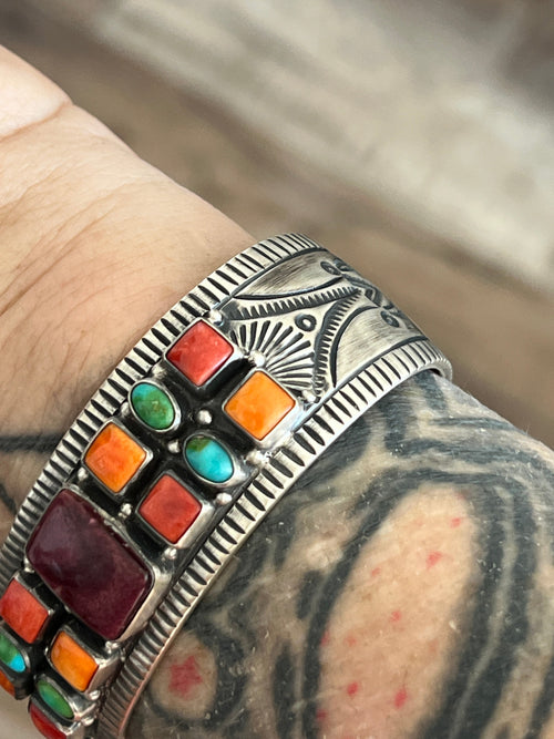 Handcrafted Electric Rainbow Turquoise and Spiny Oyster Cuff Bracelet by Bernyse Chavez /