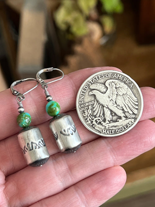 Handcrafted Sterling Silver Stamped Barrel & Sonoran Turquoise Bead Earrings