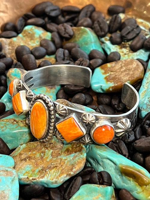 Apache Sterling Silver and Orange Spiny Oyster Shell Cuff Bracelet by Rosella Paxson