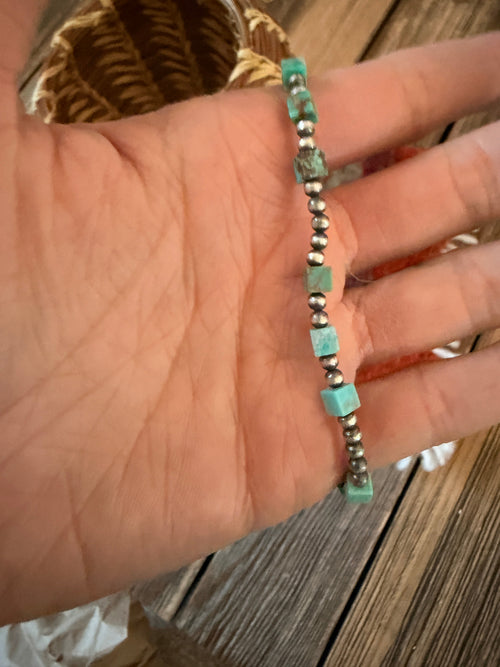 Handcrafted Turquoise & Sterling Silver Beaded Stretch Bracelet