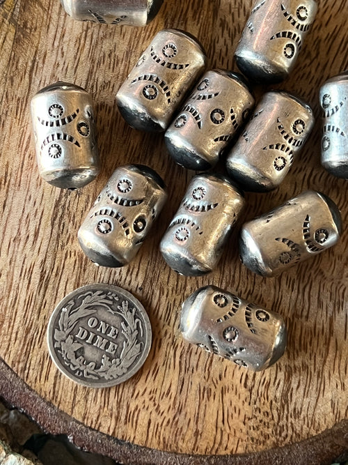 Handmade Stamped Sterling Silver Fat Barrel Beads, The Dancer