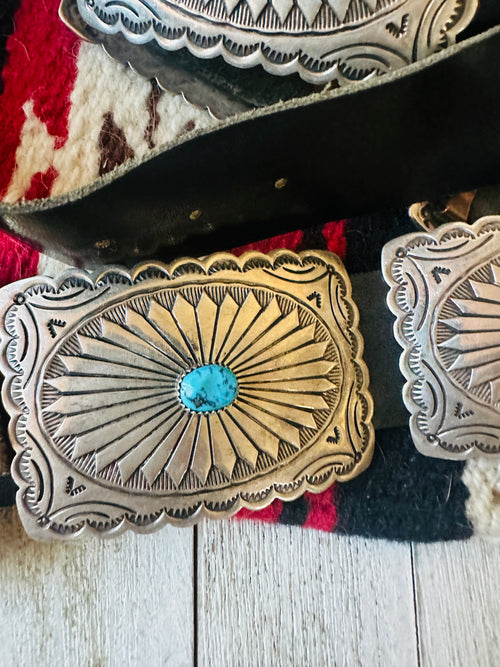 Vintage Black Leather And Sterling Silver Turquoise Concho Belt by Tim Guerro