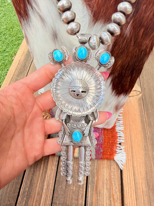 Handcrafted Turquoise & Sterling Silver Beaded Kachina Necklace by Garrett Hale