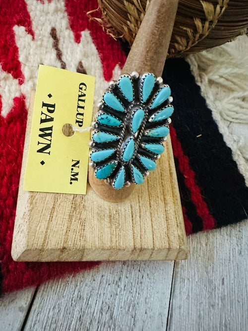 Old Pawn Navajo Sterling Silver & Turquoise Cluster Ring Size 7.5