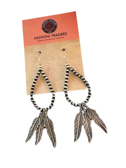Handcrafted Sterling Silver Pearl Feather Beaded Hoop Earrings