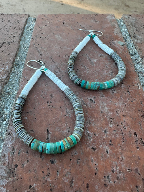Handmade Turquoise & Heishi Beaded Hoop Earrings 4”