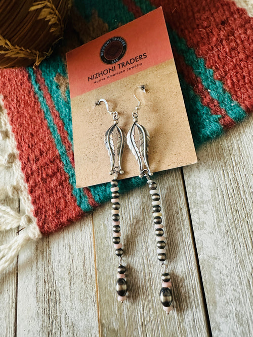 Queen Pink Conch & Sterling Silver Pearl Beaded Feather Earrings