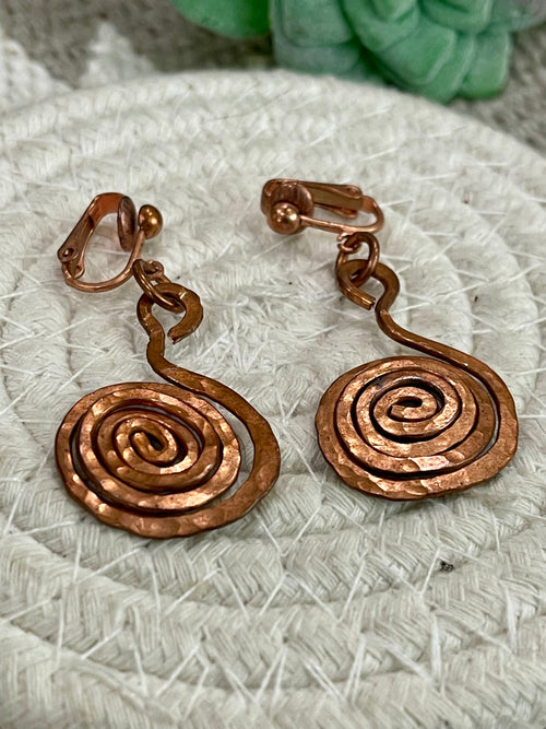 Vintage Handmade Copper Dangle Swirl Clip On Earrings
