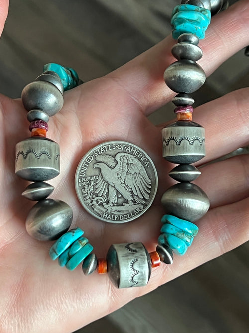 Handcrafted Sterling Silver, Kingman Turquoise and Spiny Oyster Shell Handcrafted Beaded Necklace by Rose Martin, 24 + 1-1/2 inches