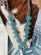 Vintage Old Pawn Navajo Turquoise & Sterling Silver Beaded Squash Blossom Necklace