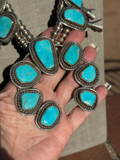 Estate Collection Old Pawn Turquoise & Sterling Silver Squash Blossom Necklace