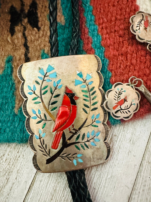 Handcrafted Vintage Old Pawn Sterling Silver & Multi Stone Inlay Cardinal Bolo Tie