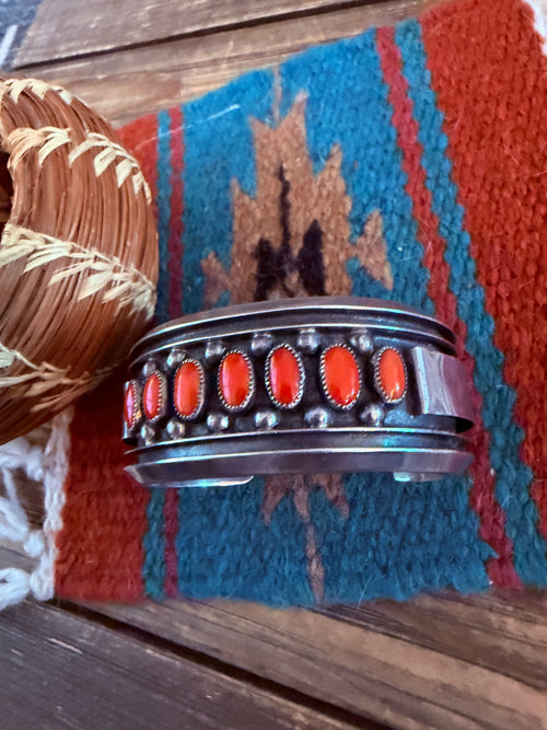 Handcrafted Old Pawn Sterling Silver & Coral Cuff Bracelet