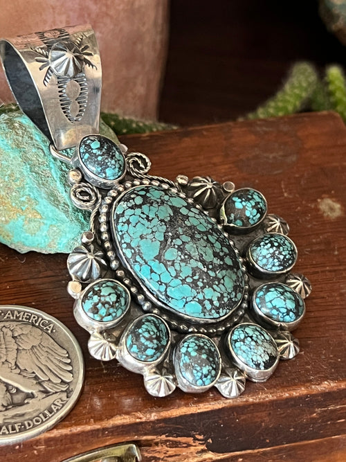 Apache Made Sterling Silver and Hubei Turquoise Cluster Pendant by Rosella Paxson