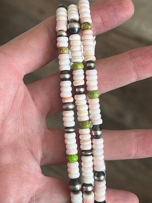 Handcrafted Sonoran Gold Turquoise, Sterling Silver and Pink Conch Cluster Pendant w/ Beaded Multistrand Necklace by Patrick Yazzie