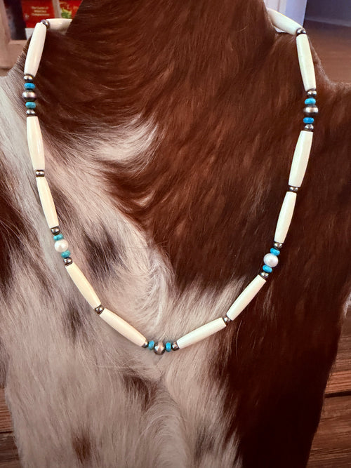Handcrafted Sterling Silver, Bone, Pearl & Turquoise 19" Beaded Necklace
