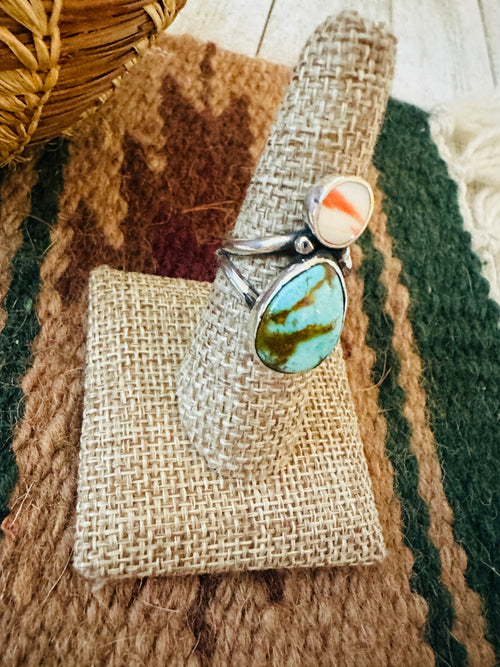 Old Pawn Navajo Sterling Silver, Turquoise & Spiny Ring Size 8