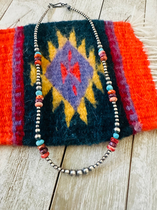 Handcrafted Sterling Silver, Spiny & Turquoise Beaded 16” Necklace